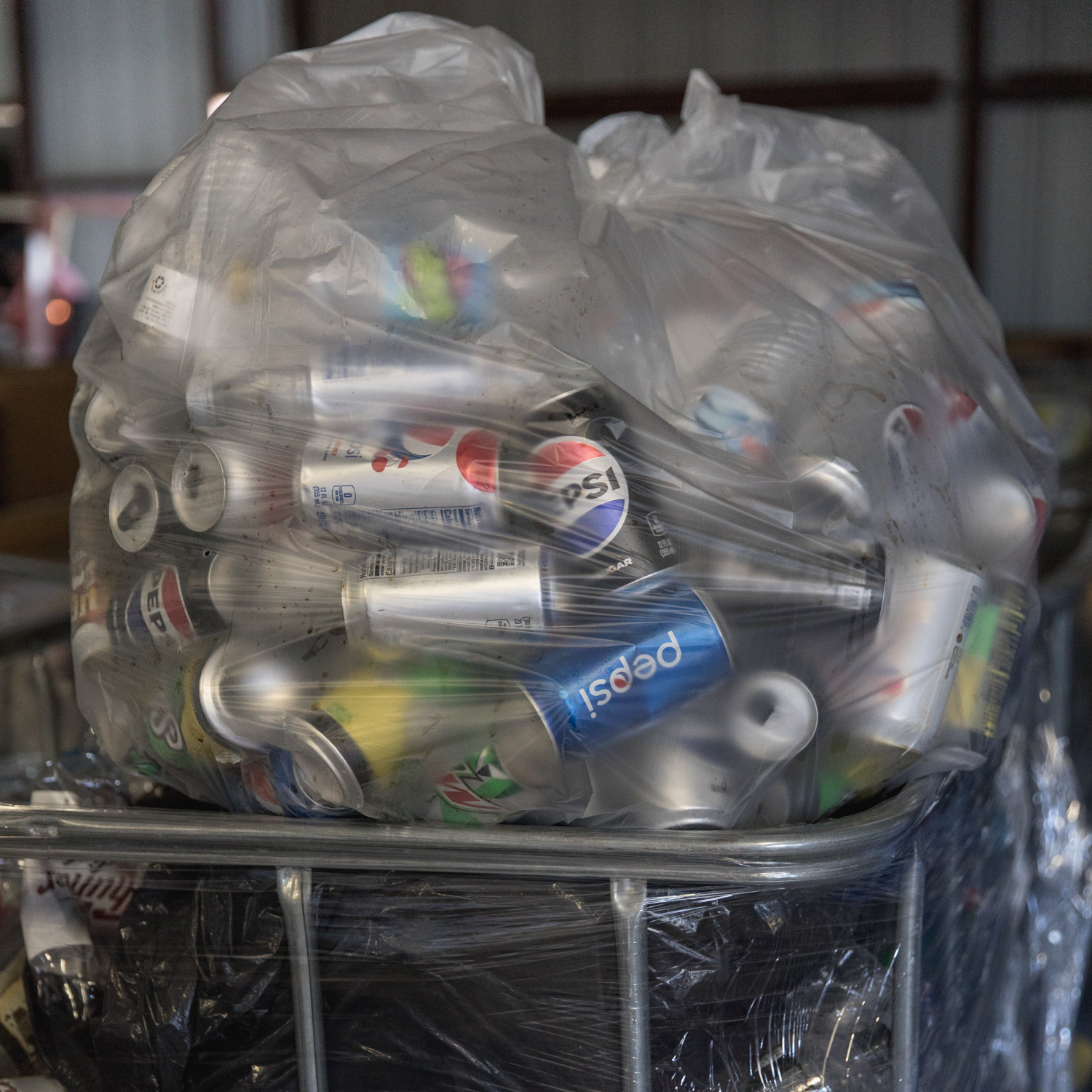A bag of recycling sits on a pallet, waiting to be picked up by Marshall County Recycling Services. TVDSI provides sorting services for Marshall County Recycling.